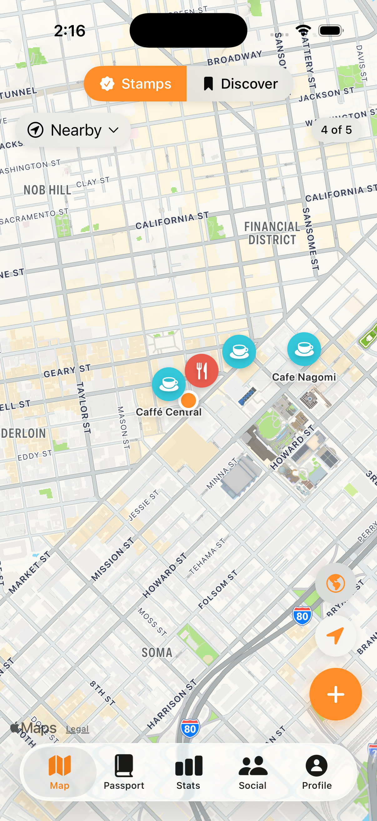 NibbleMaps map view with restaurant stamps
